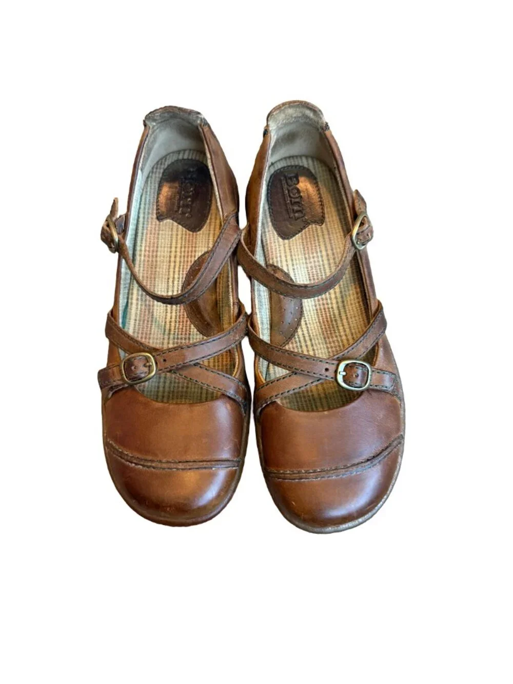 Born Brown Leather Mary Jane Flats Crisscross Strap Buckle Work Size 7.5 Women's